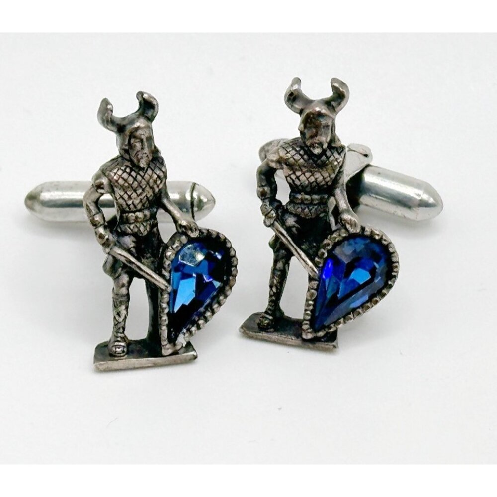 Vintage Signed Swank Viking Warrior Figural Sword Gemstone Shield Cufflinks RARE